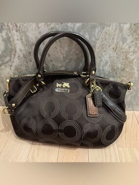 Coach Dark Brown Madison Signature Circle Satchel with Gold Hardware